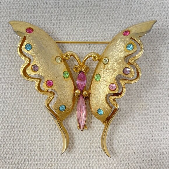 Pell Uranium Glass Butterfly Brooch Vintage Signed Gold-Tone Pink Body - Picture 2 of 12